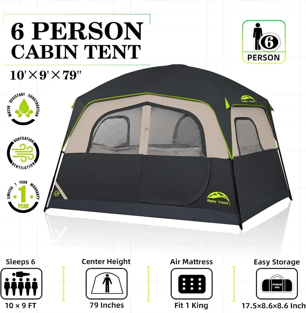 6 Person Waterproof Camping Tent, Easy Setup Family Cabin with Rainfly, Portable for Outdoor Adventures