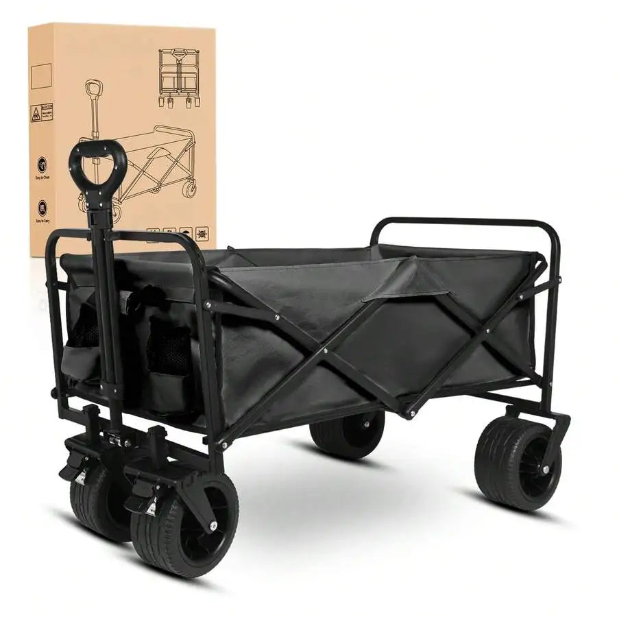Portable Folding Outdoor Food Truck Collapsible Wagon Cart, 360° All-Terrain Wheels Drink Holders Large Capacity  For Camping