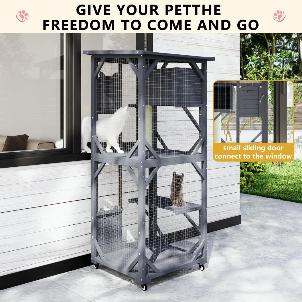 71 Cat House Outdoor Catio Cat Enclosures on Wheels, Large Outside Patio Wooden Cat Cage Resting Box, Scratching Post
