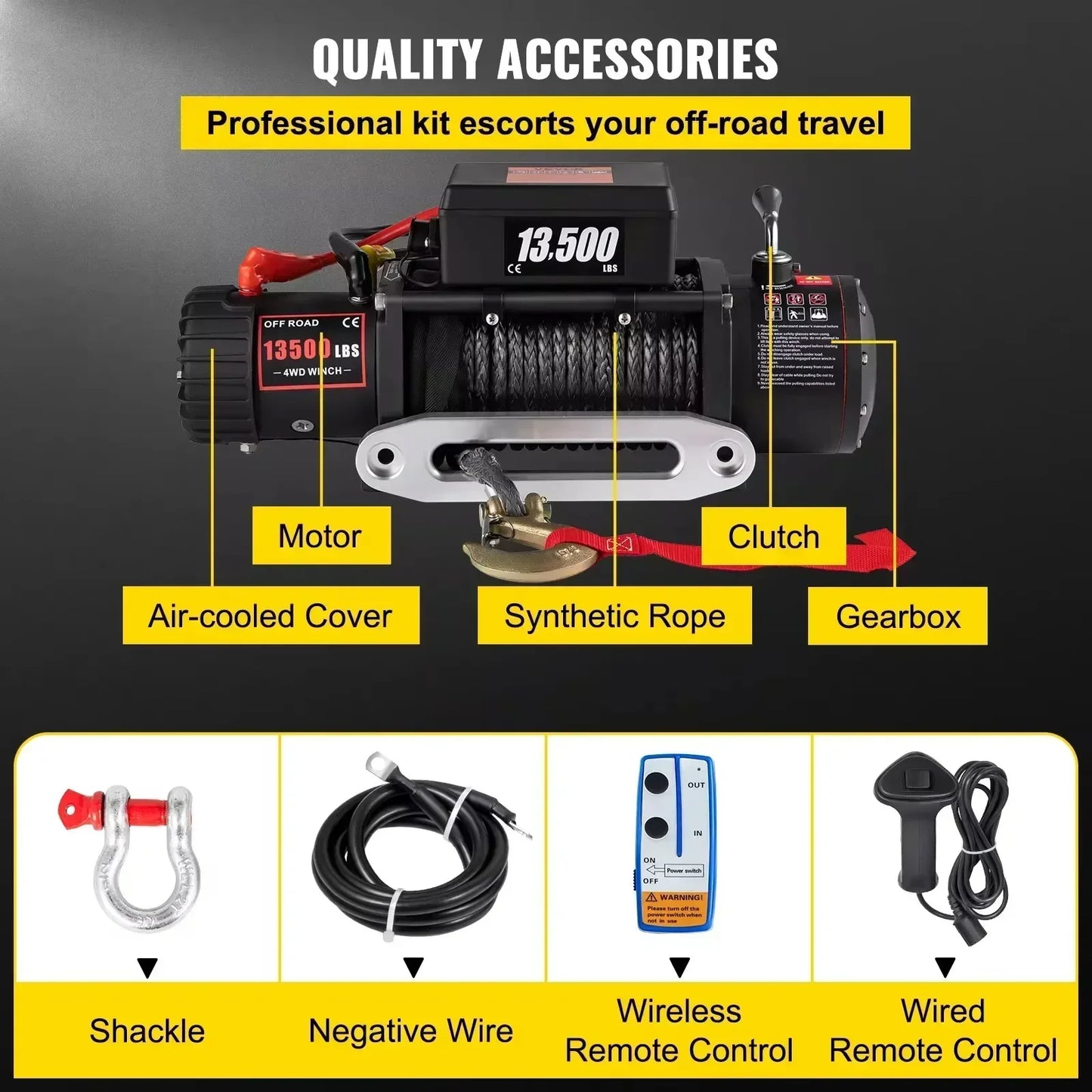 13500 LBS 12V Electric Winch Synthetic Tow Rope Winch 24M/92FT Lifting Hoist for 4X4 Car Trailer ATV Truck Off Road Boat