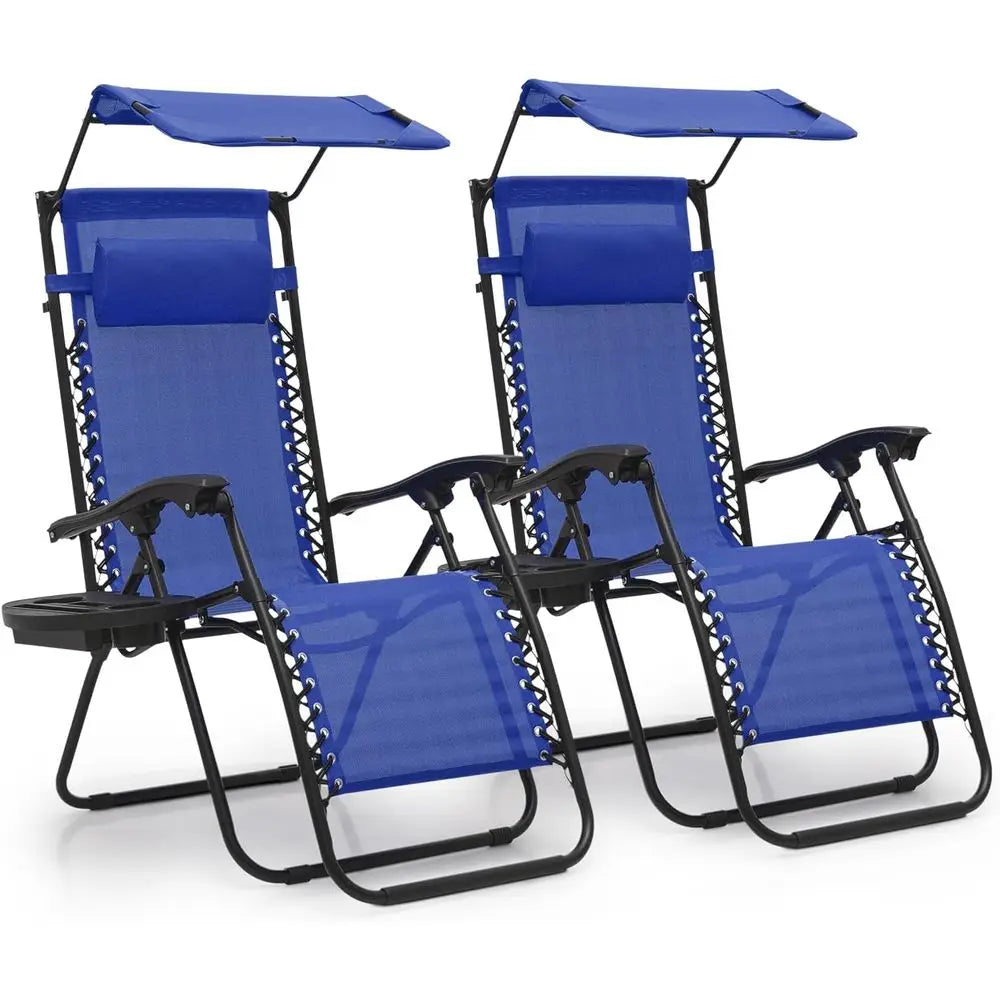 2-Piece Zero Gravity Recliner Set with Shade, Outdoor Patio Lounger, Cup Holder, Ideal for Beach or Camping, Blue