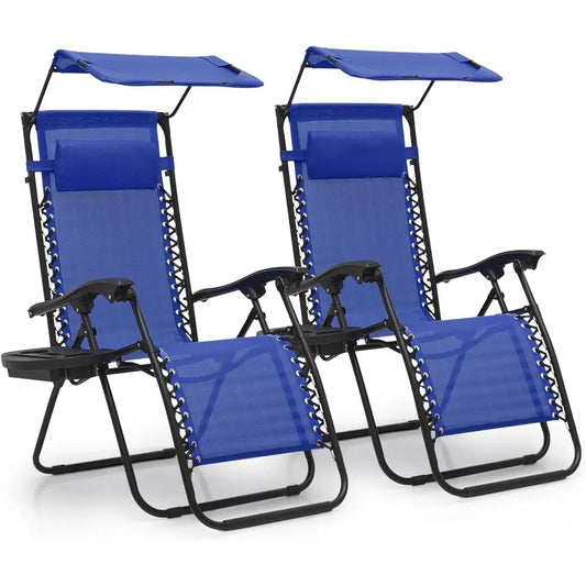 2-Piece Zero Gravity Recliner Set with Shade, Outdoor Patio Lounger, Cup Holder, Ideal for Beach or Camping, Blue