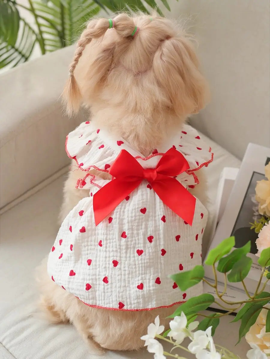 Valentine's Day 1pc Heart Print Bow Decor Pet Dress For Dog For Summer