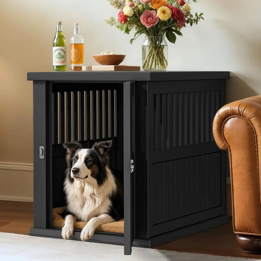 Plastic Dog Crate, Furniture-Style Nightstand & Side Table, Waterproof Indoor Kennel for Small to Medium Dogs, Black