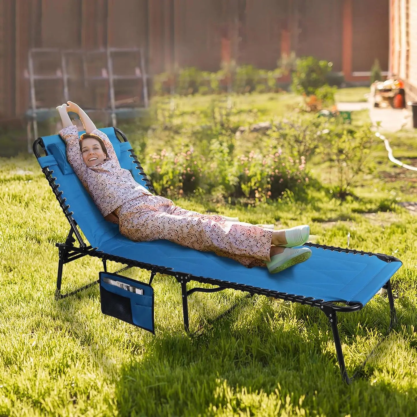 Oversized Padded Chaise Lounge with Cushion, Foldable Camping Cot, Patio Reclining Chair for Outdoor Indoor Backyard Garden Camping Relaxing Beach