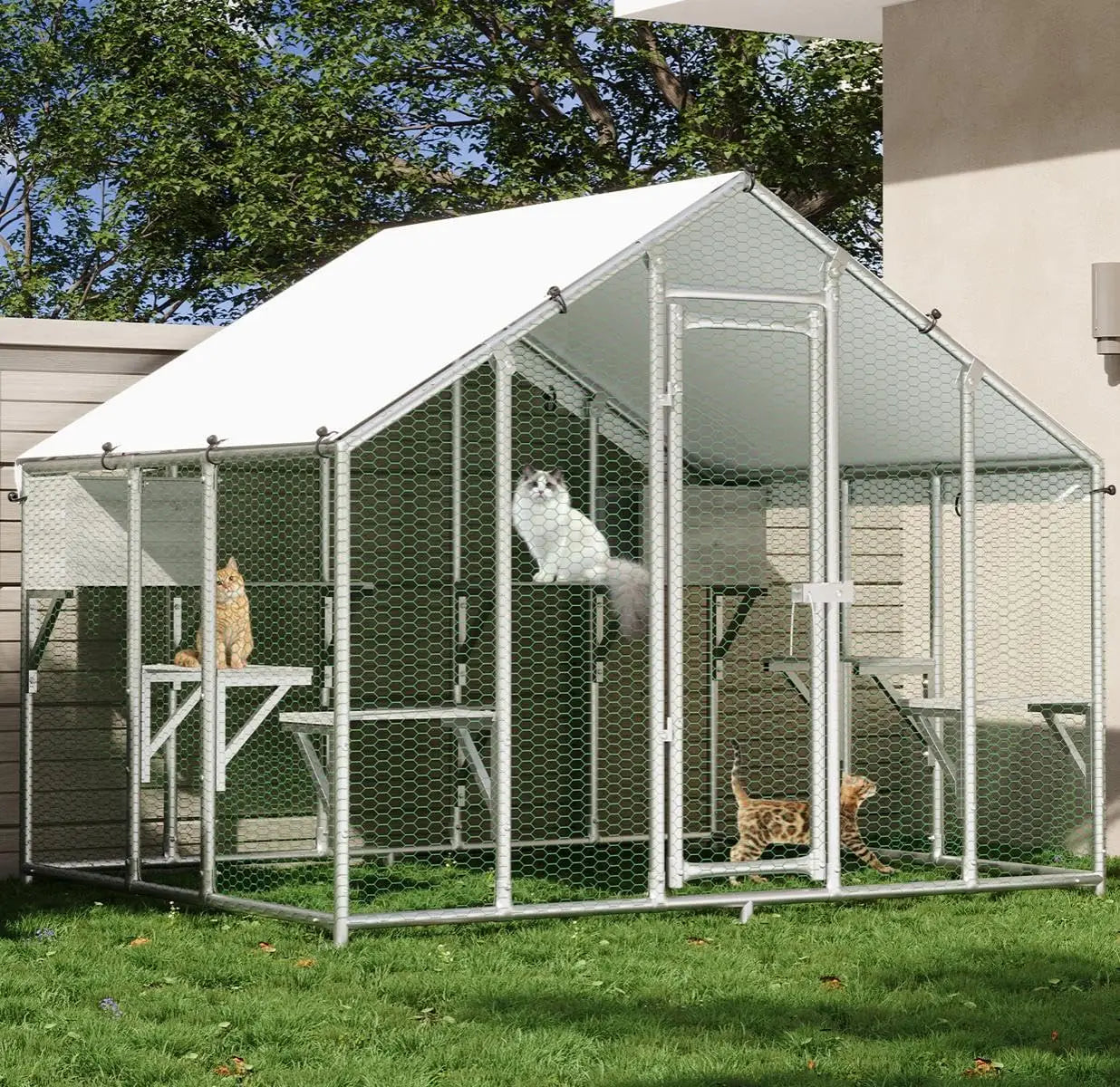 Outdoor Extra Large Walk-In Cat Catio Enclosure With Roof, Rest Boxes, Play Shelves, 7 Platforms, Chicken Run Coop for Patio, Yards