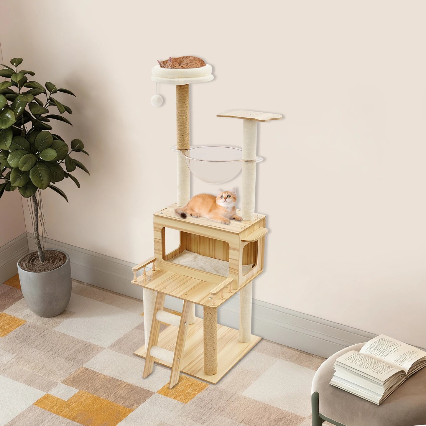 White+Wood Cat Tree for Indoor Cats - 50cm x 50cm x 147cm Cat Scratching Climbing Tower, Floor Mount, 12.83kg Net Weight