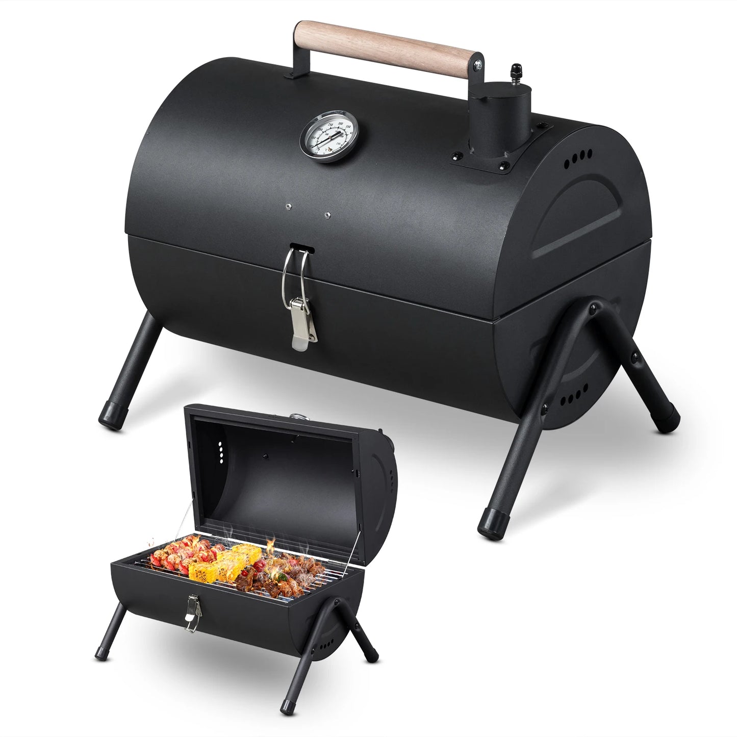 Portable Charcoal Grill with Thermometer and Wooden Handle Compact Tabletop Barbecue Grill Outdoor Camping BBQ Backyard Party