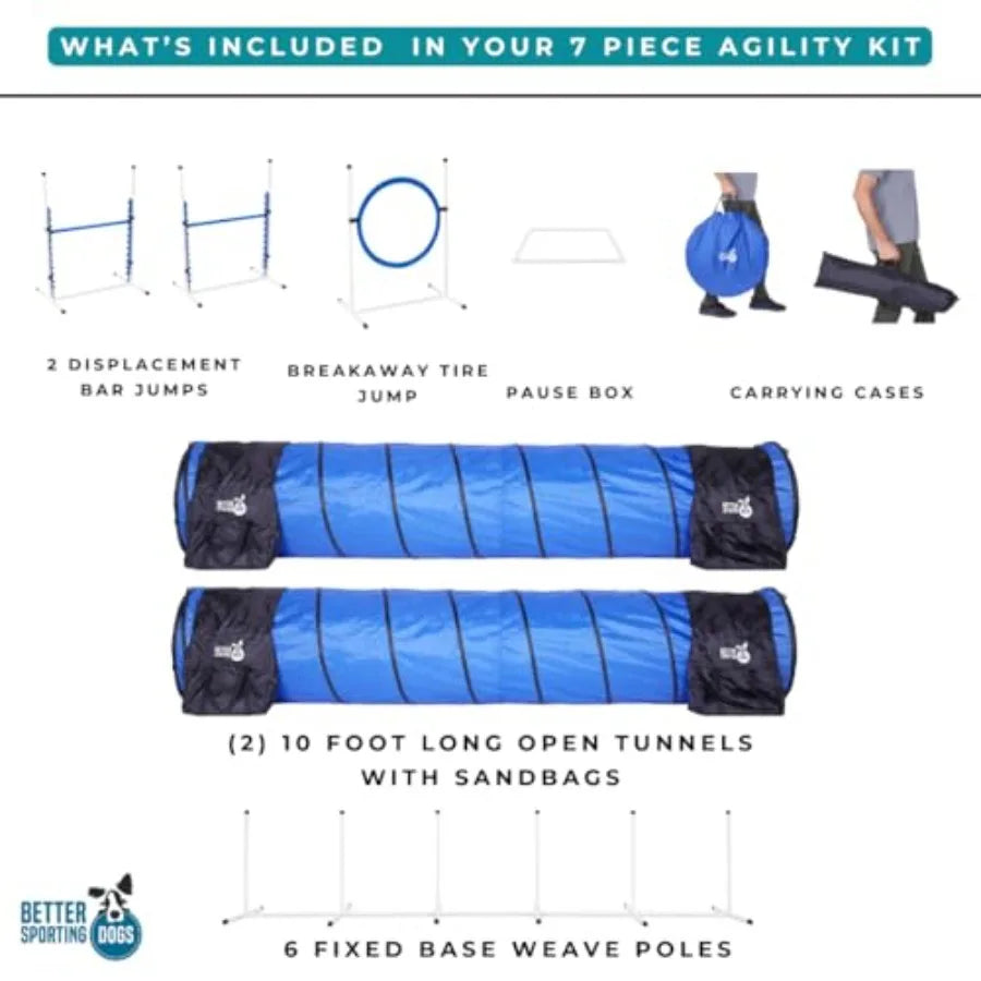 Elite Agility Set for Dogs w/Safety-Focused Features 7Pc Agility Kit 2 Bar Jumps w/Cup Strips Breakaway Tire Jump 6 Weave Poles