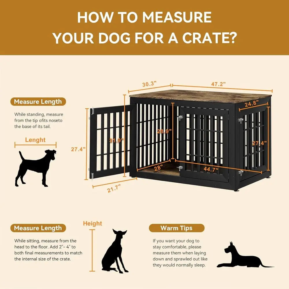 Rustic Brown & Black Decorative Wooden Dog Crate End Table with Waterproof Top for Large Dogs