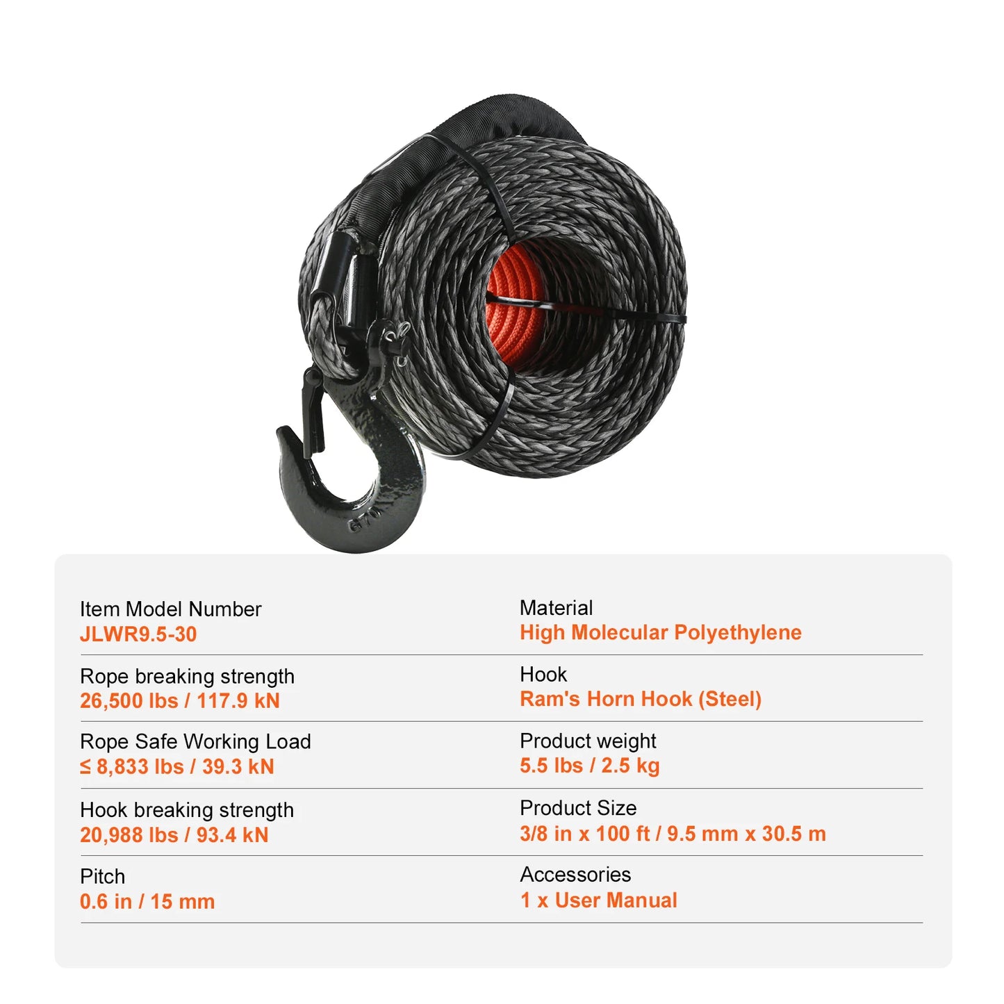 26500/32000Lbs Synthetic Winch Rope Truck Boat Replacement Line Cable Rope with Forged Hook ATV Car Outdoor Accessories