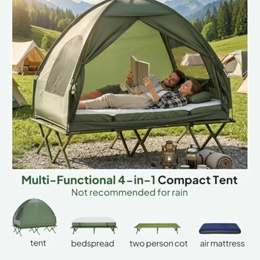 2 Person Cot Tent, 4-in-1 Elevated Tent Camping Bed Combo with Air Mattress, Bed Cover, Foot Pump, Folding Off Ground Camp Cot