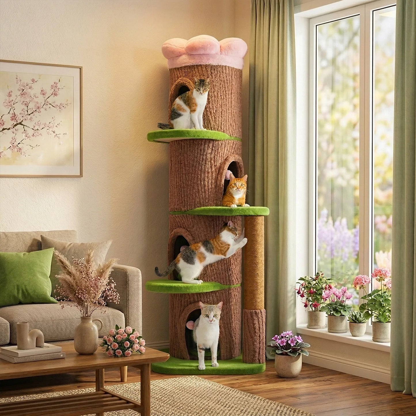 Large Cat Tree with 4 Spacious Condos Thick Scratching Post Flower Top Bed Tall Cat Tower for Indoor Luxury Cat House Bed Toys