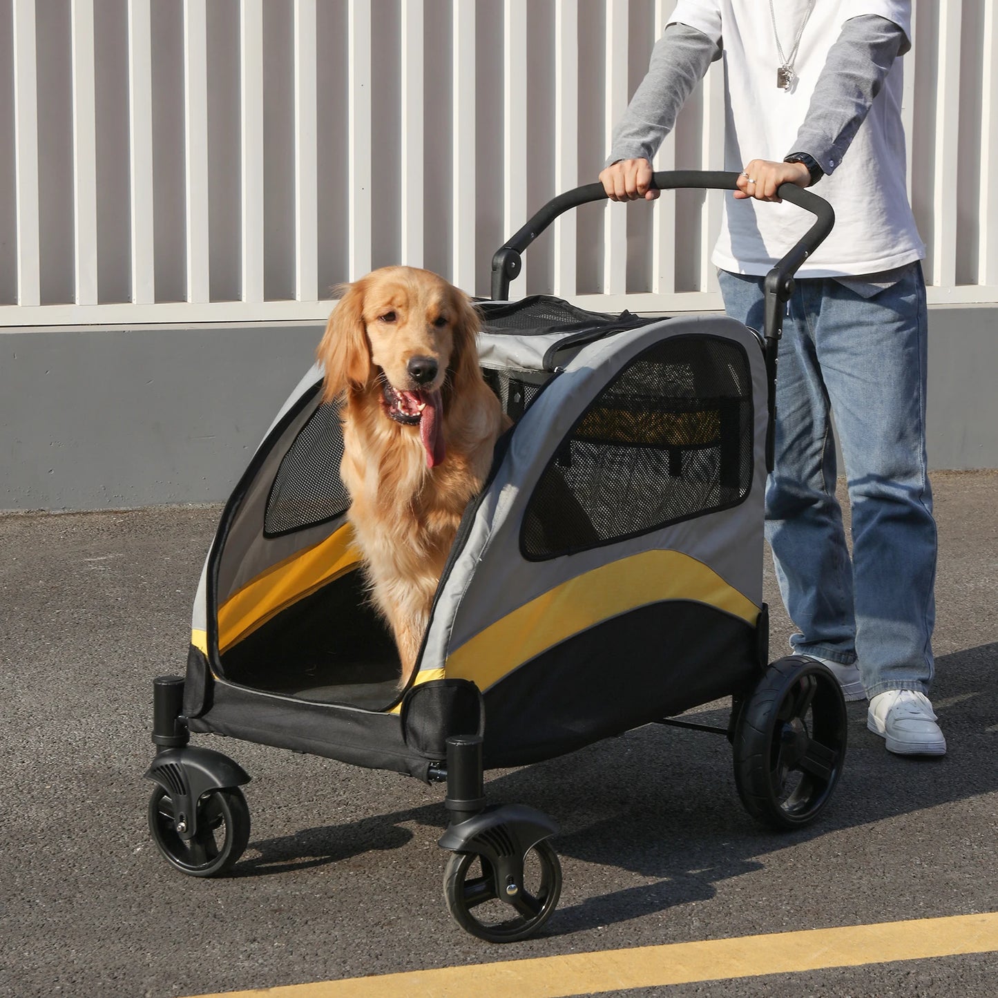 M-XL Dog Stroller Ultra-large 4 Wheels Pet Jogger Wagon Foldable Cart Travel Trolley Outdoor Animal Carrier Load Up To 55 kg