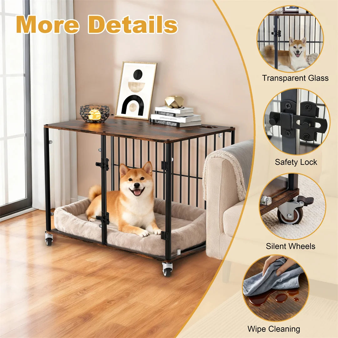 Indoor Dog Cage: Furniture-Style Tempered Glass Dog Pet Cage Dog Kennel End Table Crate with Smooth Rolling Wheels
