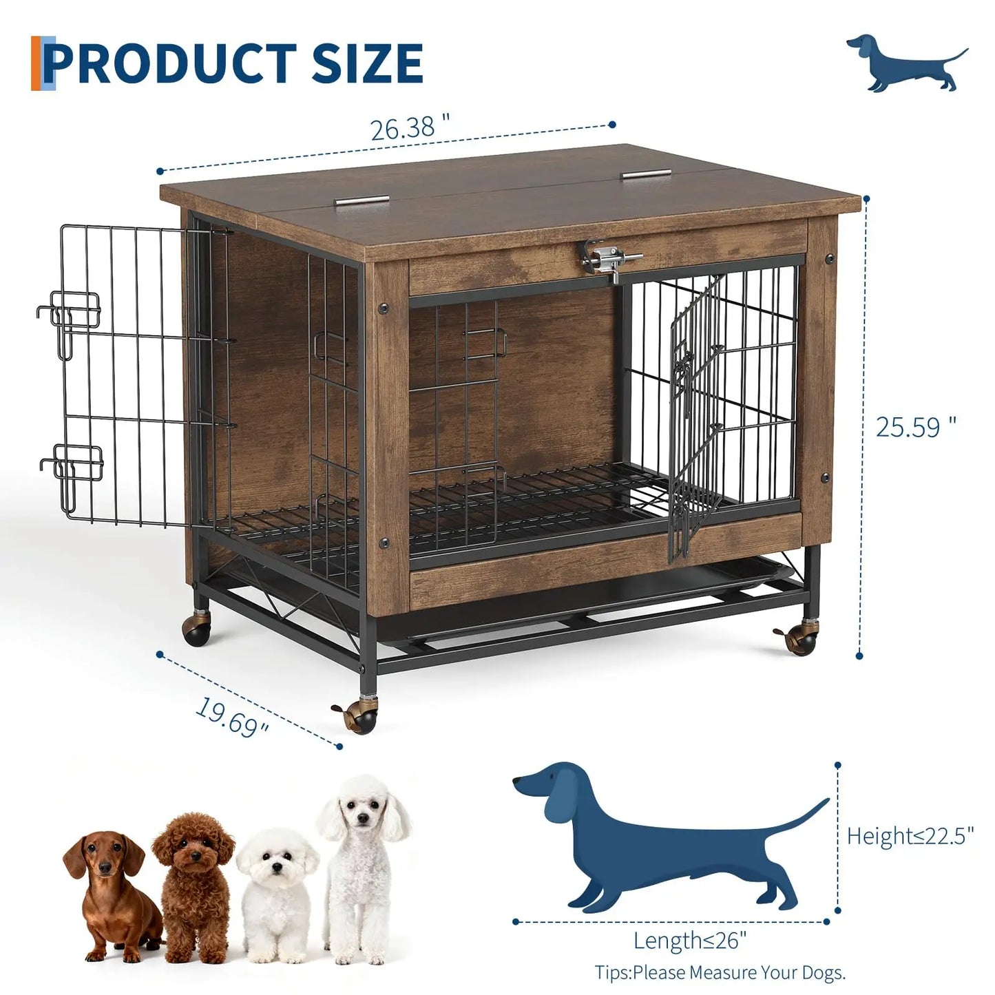 26" Double-Door Pet Cage With Wheels Wooden Dog House Side Table For Small Medium Dogs Chew-Resistant Crate With Pull-Out Tray