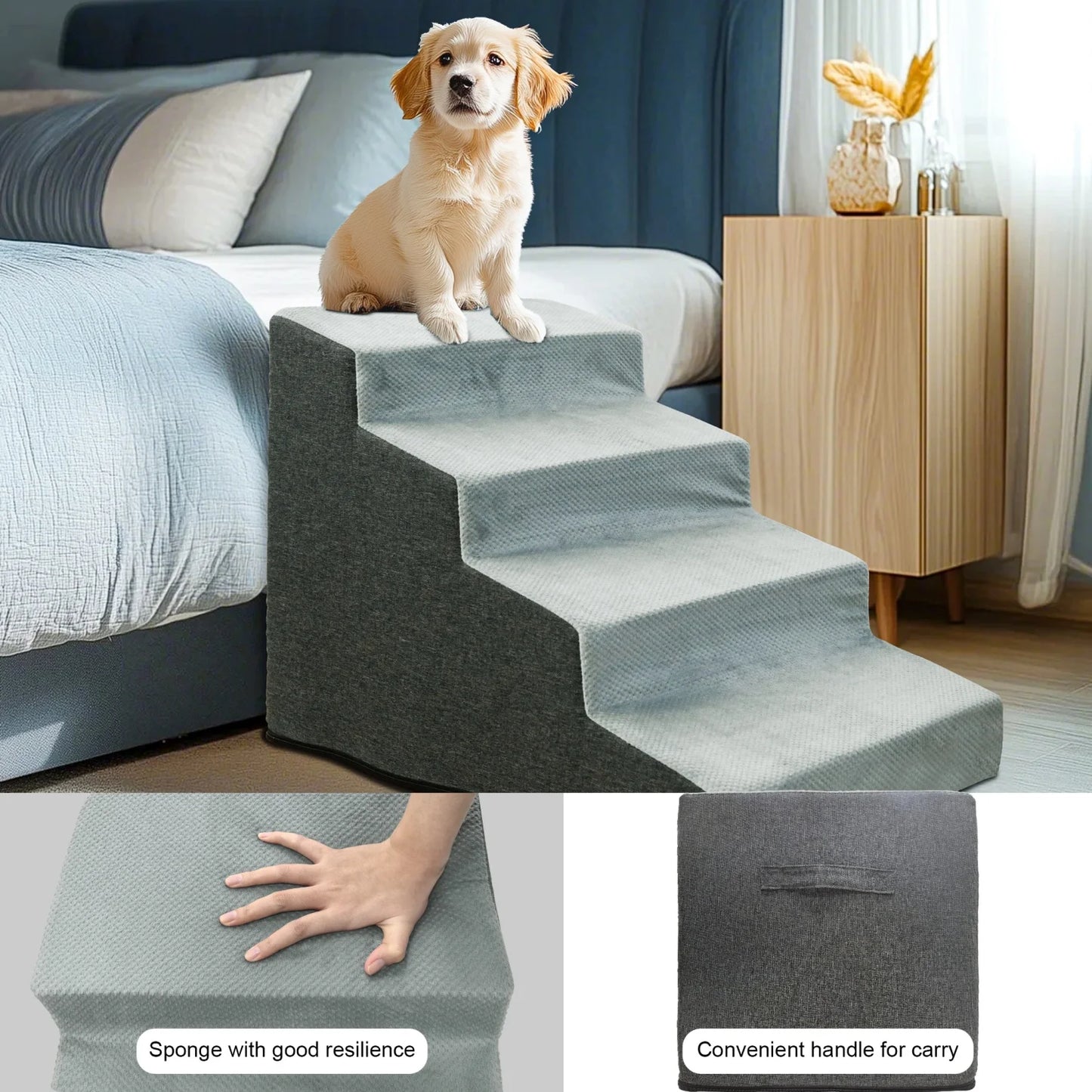3/4/5 Steps High Density Foam Dog Stairs Ramps, for High Beds and Sofa, Non-Slip Pet Steps Sofa Bed Ladder, with Washable Cover