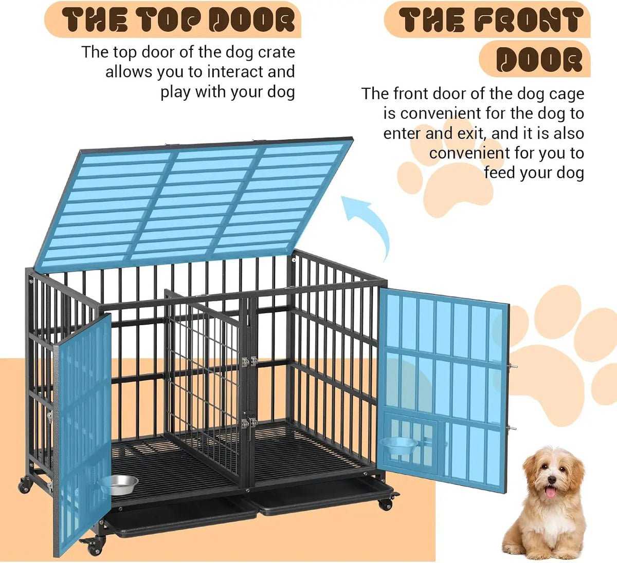 42 Inch Heavy-Duty Dog Crate Metal Dog Cage with Double Door Lockable Wheels Removable Divider Trays Feeding Doors for Small, Medium, Large Dogs Indoor