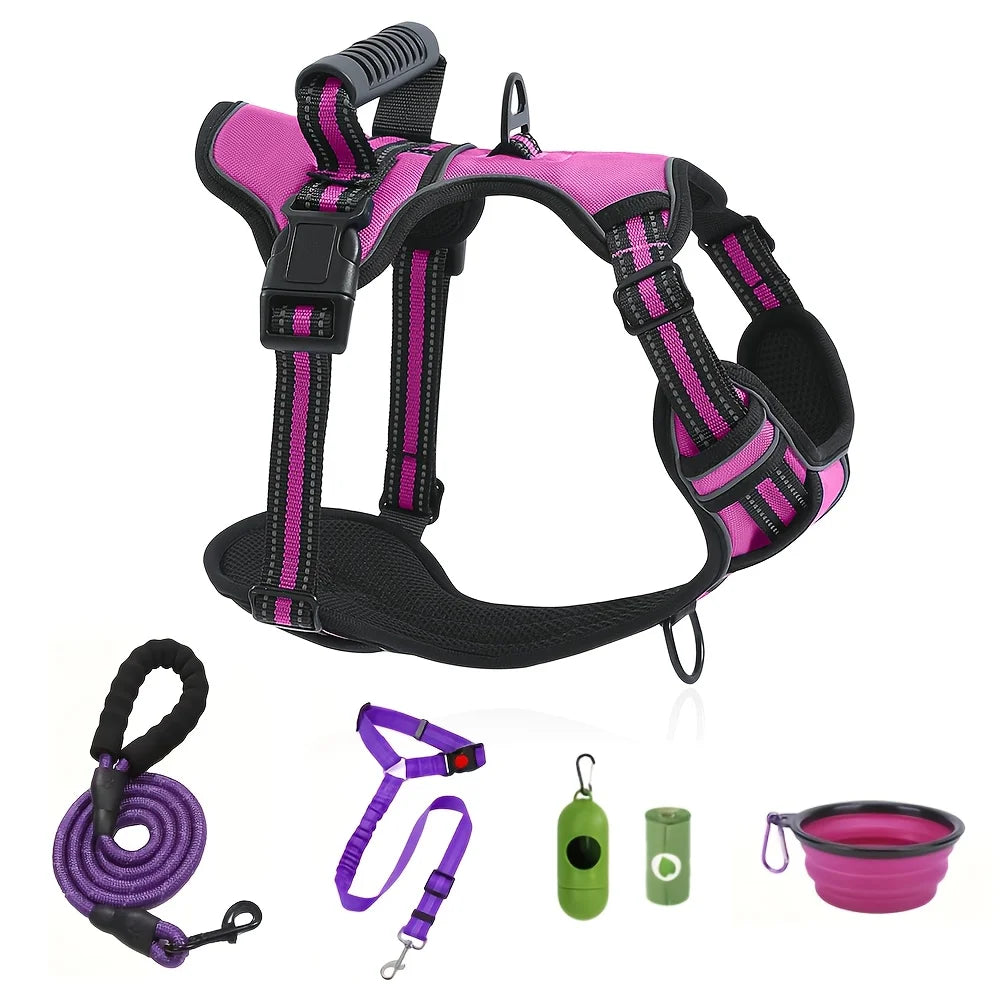 6 in 1 No-Pull Dog Harness And Leash Set Adjustable Reflective No-Choke Pet Oxford Vest with 2 Leash Clips And Easy Control Handl