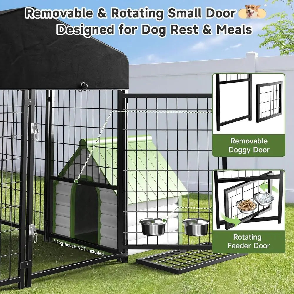 Dog Kennel Outdoor, Outside Dog Kennel with Roof & Swivel Feeders/Removable Doggy Door Allows Connecting Your Dog House, Heavy Duty Door