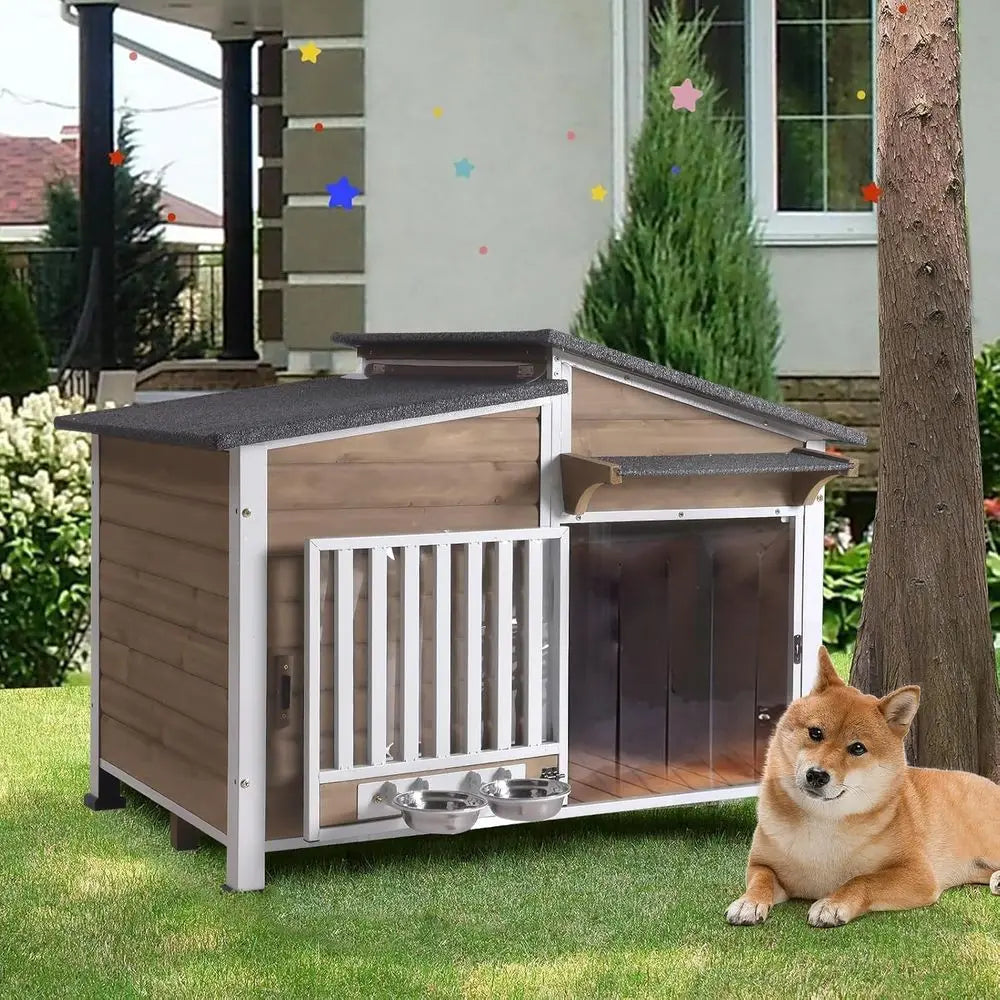 Outdoor Dog House for Large Breeds with Anti-Chew Iron, Weatherproof Kennel with 360° Rotating Bowls for Small to Medium Dogs