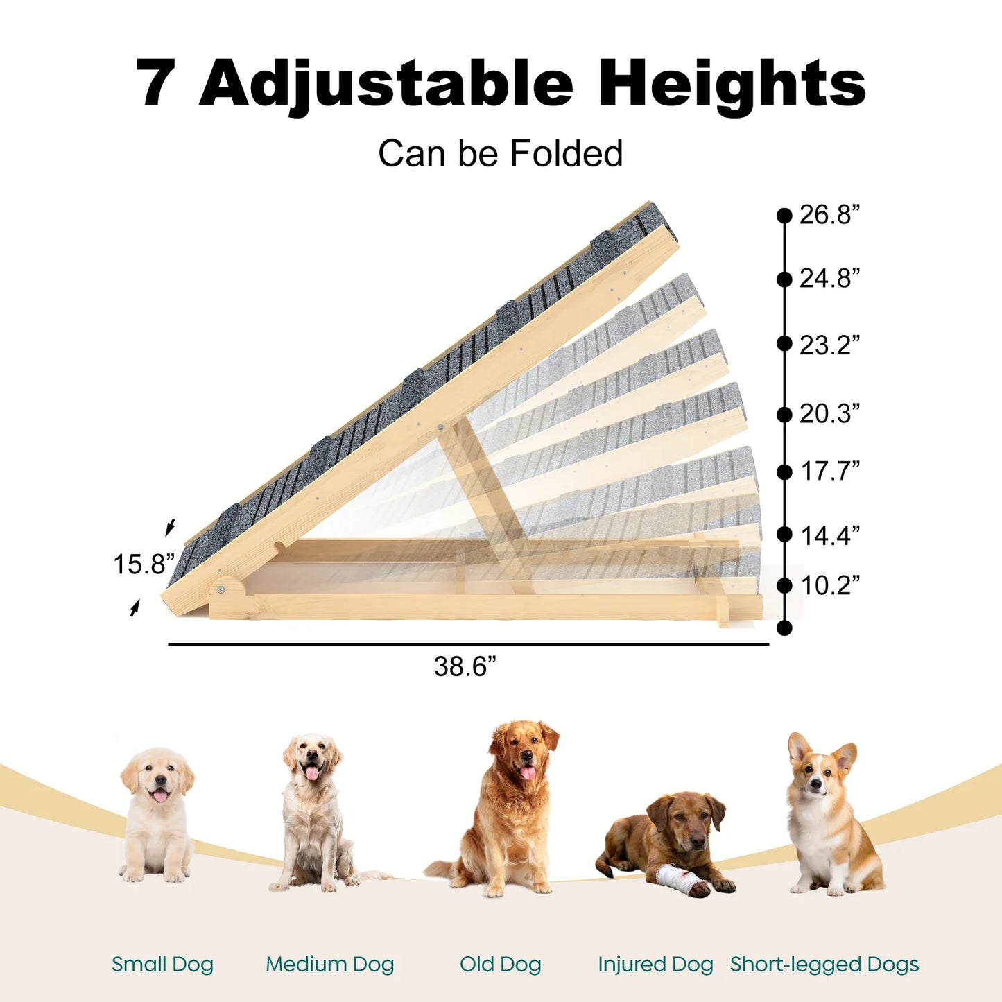 Adjustable Dog Ramp Pet Wooden Folding Dog & Cat Stair for Couch High Bed Non Slip Carpet Surface 7 Levels Height Adjustable