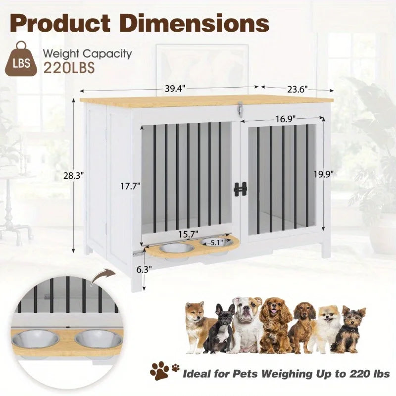 39'' Foldable Wooden Dog Crate Furniture – Indoor Dog Kennel for Large Dogs with 360° Rotating Feeder, White
