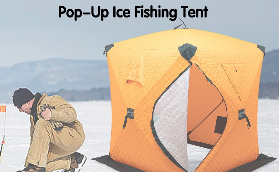 Orange 57" x 57" x 65" Portable Ice Fishing Tent 3-Layer Cotton Insulated Thermal Winter Fishing Shelter 1-2 Person with Ice Anchors