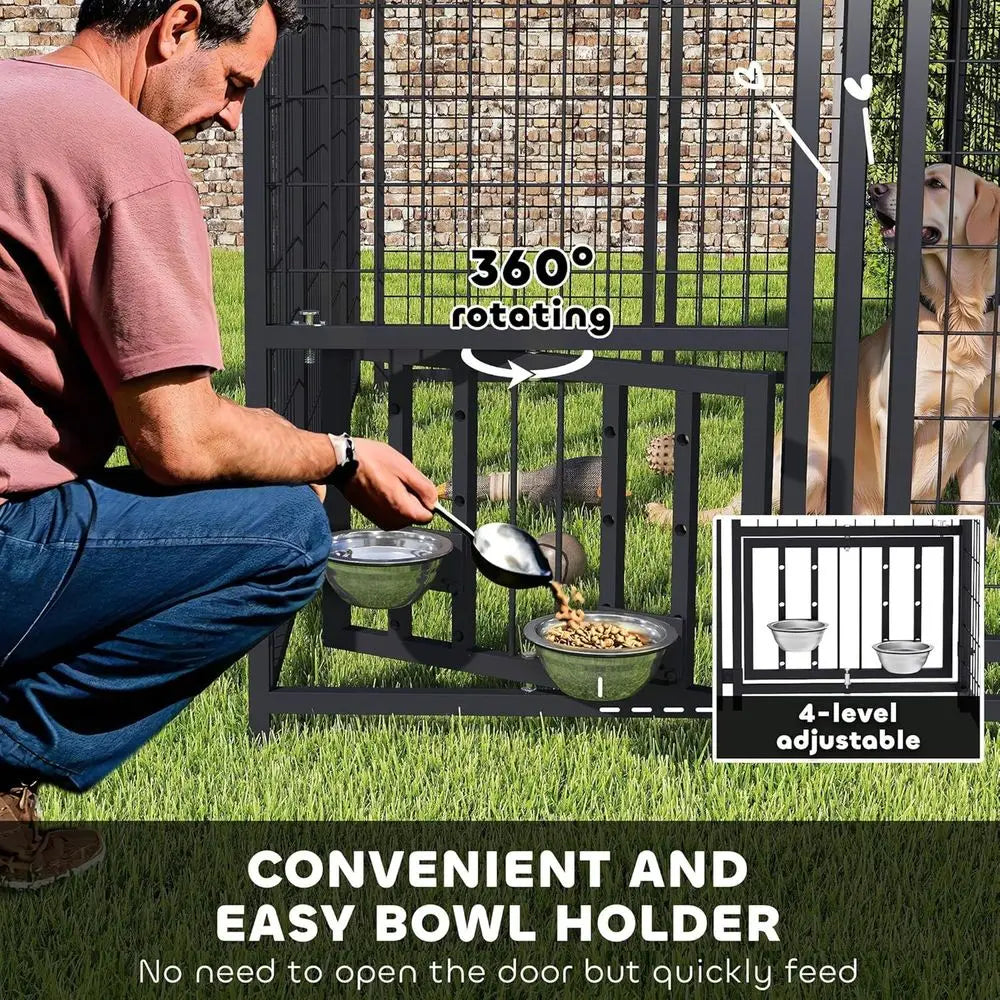 Outdoor Dog Kennel with Roof, 8' x 4' x 6' Heavy Duty Welded Wire Dog Playpen Enclosure with Escape-Proof Lock, Adjustable Bowls, UV-Protected Roof