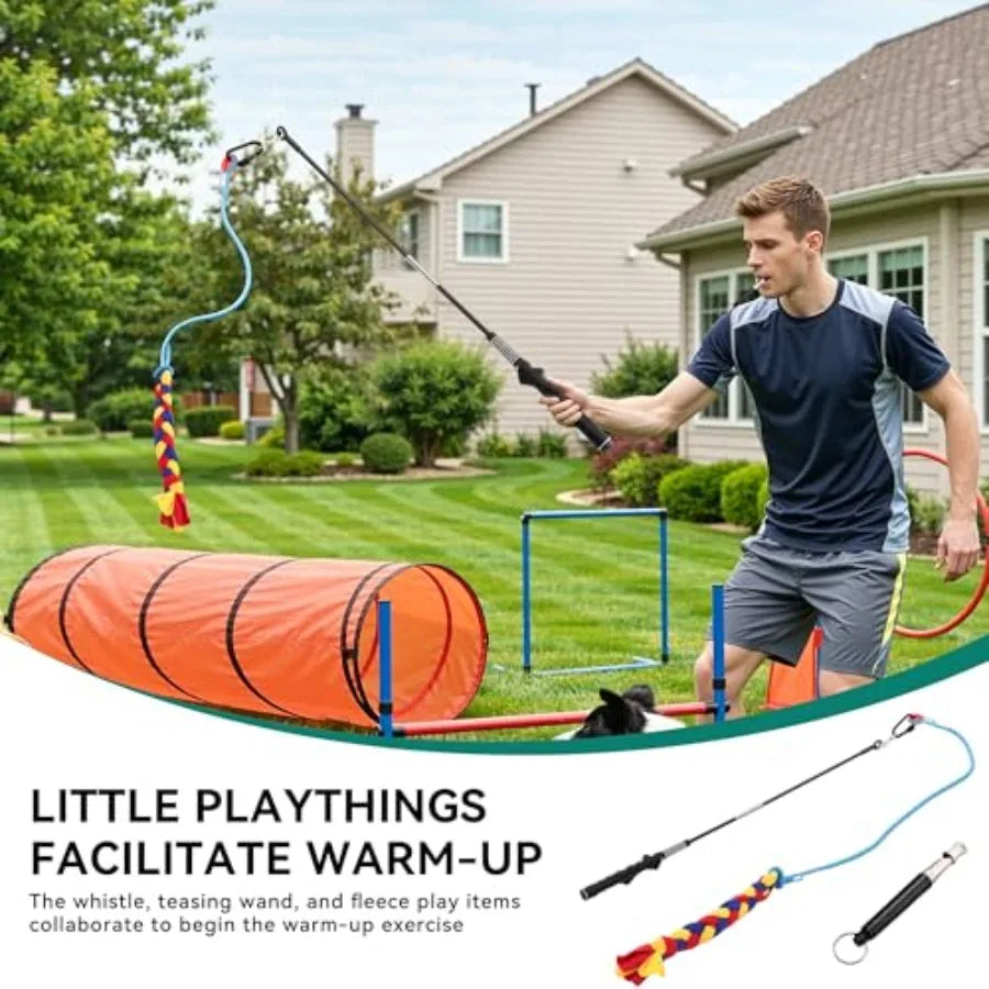 Dog Agility Training Equipment Set with Flexible Tunnel, Hurdle, Jump Ring, 6 Weave Poles, Pause Platform, Teaser Pole, and Carry Bag