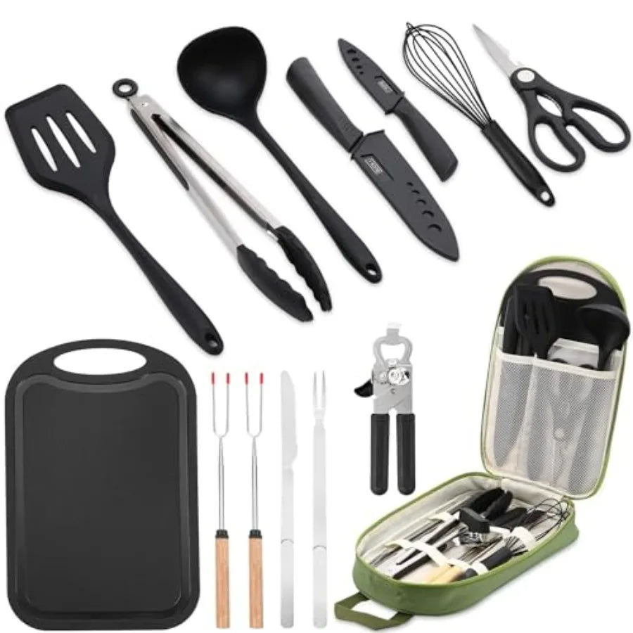 Camping Essentials Cookware Cooking Utensils Set - Portable Camp Kitchen Mess Kit Outdoor Accessories, Stainless Steel and Silicone
