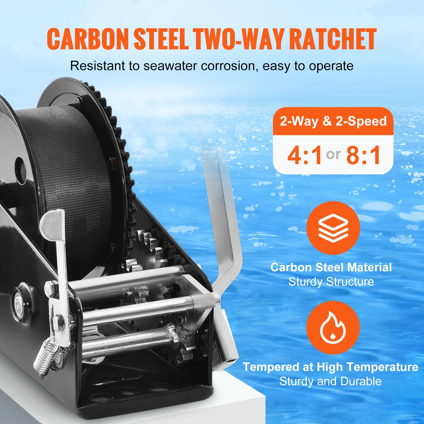 Hand Winch Boat Trailer Winch Heavy Duty Rope Crank Polyester Strap & Two-Way Ratchet Manual Operated Hand Crank Winch