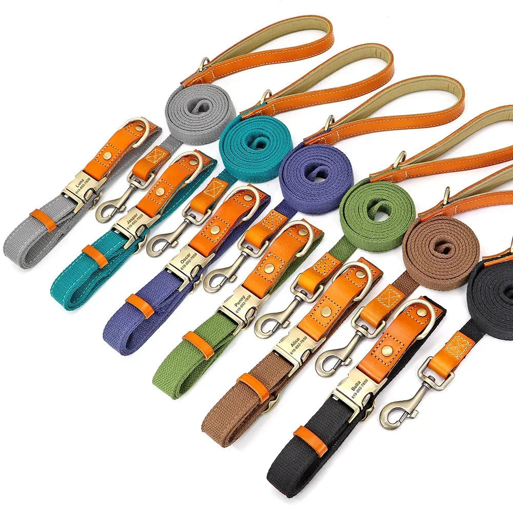 Nylon Custom Dog Puppy Collar Leash Set Personalized Genuine Leather Pet Nameplate ID Tag Accessories Collars Pet Products