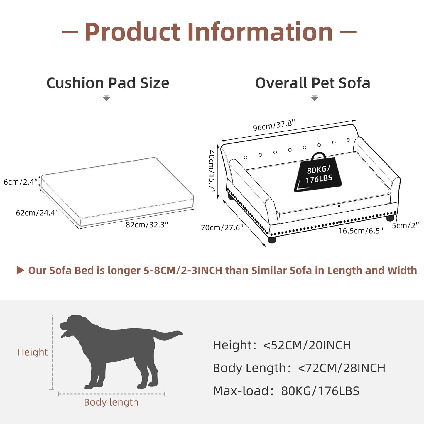 Elevated Dog Sofa for Medium to Large Dogs Couch Bed Microfiber Leather Cover Pet Snuggle Lounge Chair with Removable Cushion