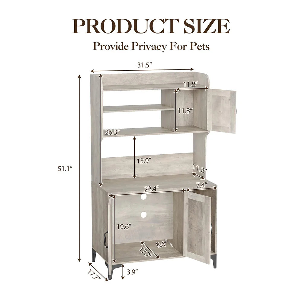 Rustic Farmhouse Hidden Cat Litter Box Enclosure 4-Tier Storage Shelves & 2 Cabinets Wood Cat Washroom Furniture For Indoor Use