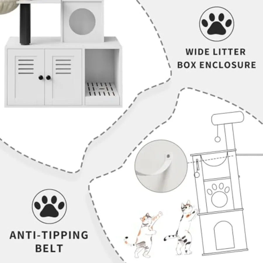 Multi-Level Cat Tree Tower with Cat Scratching Posts, Litter Box Enclosure, Cat Houses Condos, Hanging Cat Toys for Kittens, Adult