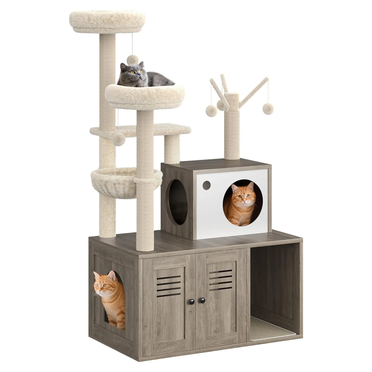Modern Wooden Cat Tree With Hidden Litter Box, Multi-Level Cat Condo Furniture, Scratching Posts & Litter Cabinet For Indoor Cats