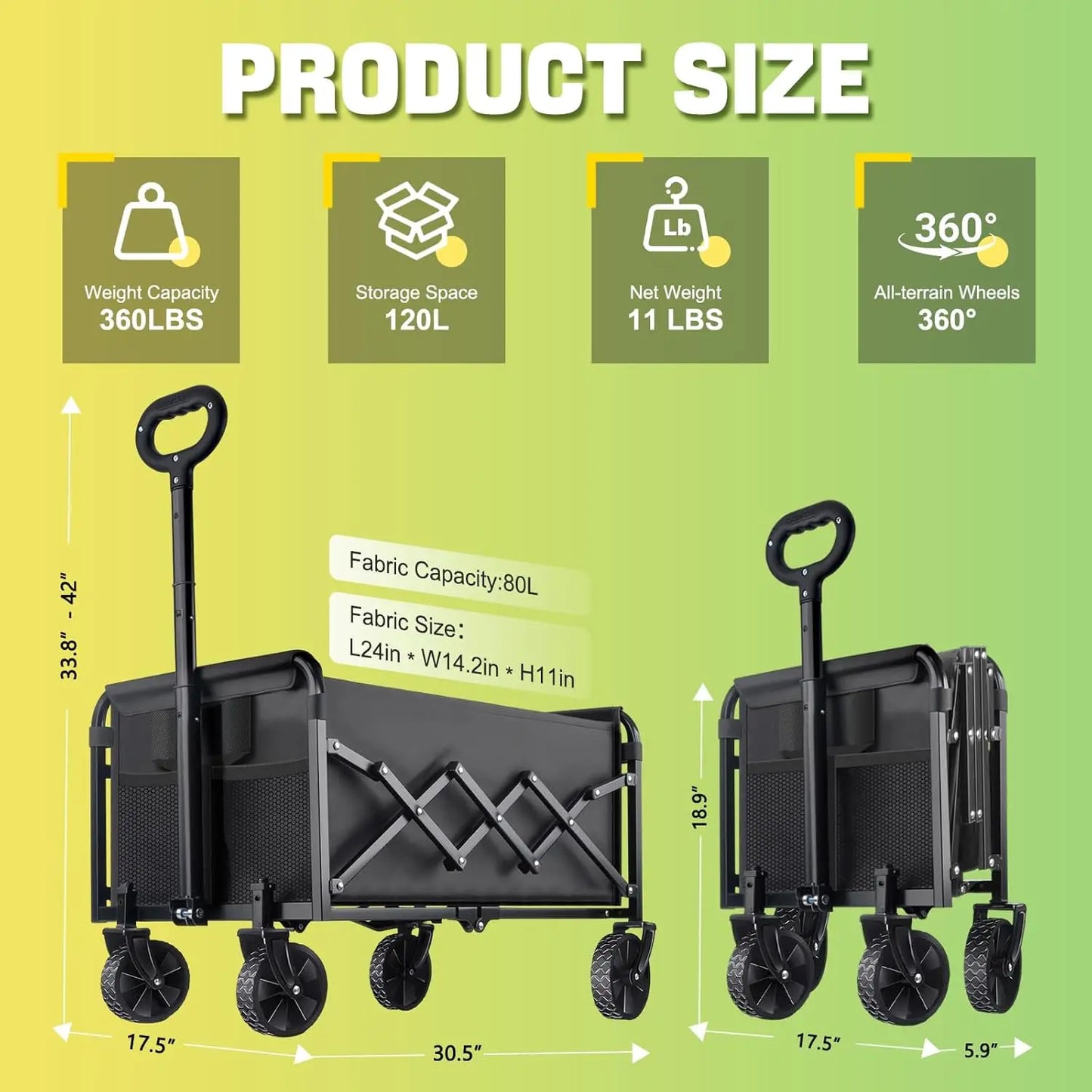 360LBS Collapsible Foldable Wagon Carts - Heavy Duty Portable Folding Utility Wagons with All-Terrain Wheels