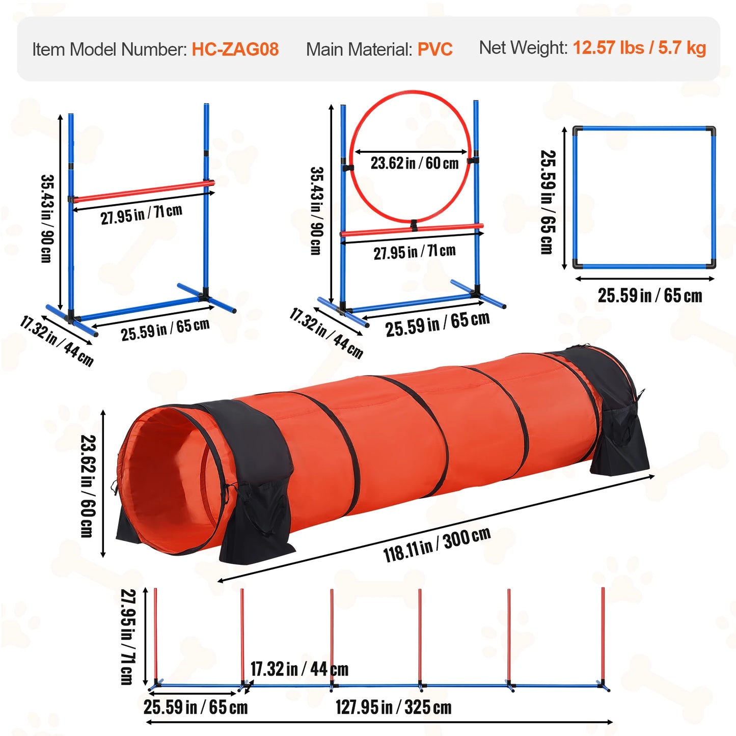 Dog Agility Training Equipment 5 PCS Set Upgrade with Adjustable Hurdles Extend Tunnel Puppy Obstacle Course Kit with Bag