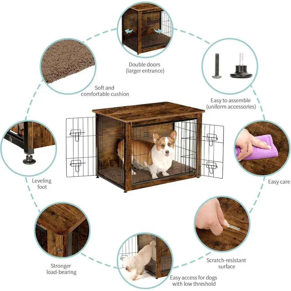 Medium Rustic Brown Wooden Dog Crate with Cushion and Double Doors