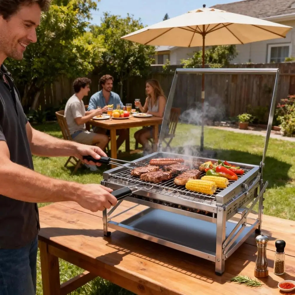 Portable Rotatable 4-Tier Adjustable Charcoal Grill Tray for Outdoor Smoking, Picnics, and Camping