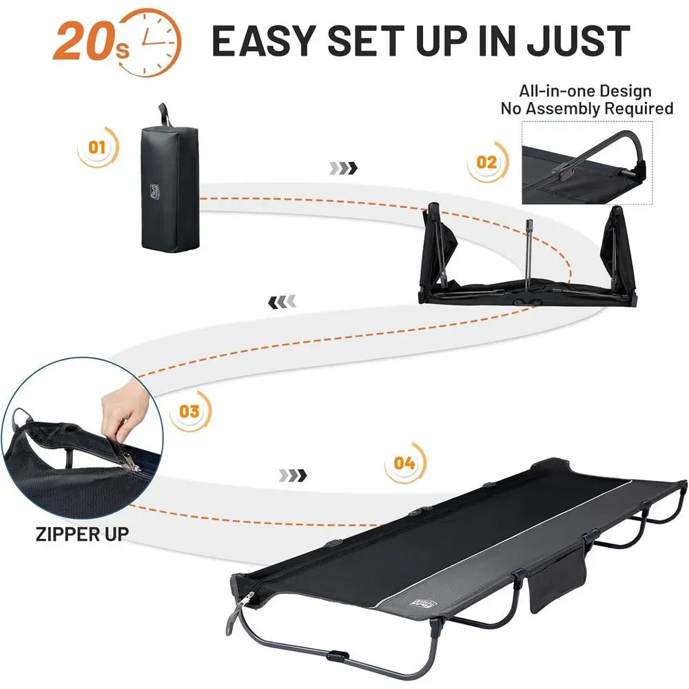 Lightweight Portable Camping Cot with Zipper Closure, Carry Bag, Supports Up to 225lbs, Black