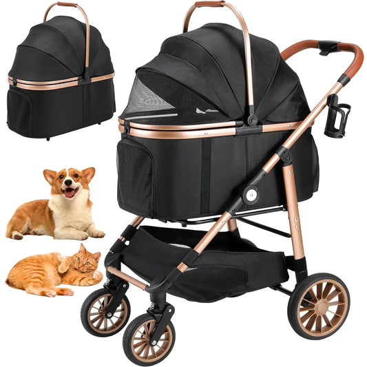360° High Wheels Transport Foldable Cat Pet Stroller 2-in-1 Dog Buggy Stroller Dog Box Can Be Attached in Car, Max. Load 25 kg