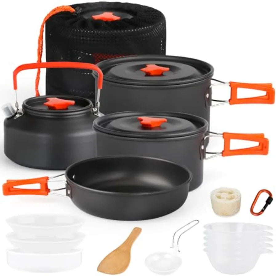 Camping Cookware Set Camping Gear Campfire Utensils Non-Stick Cooking Equipment Lightweight Stackable Pot Pan Bowls with Storage Bag