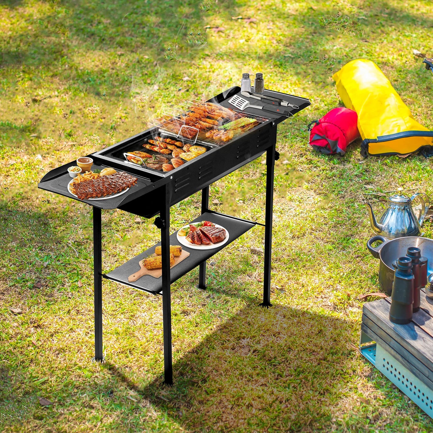 Portable Charcoal Grill Foldable Kabob Barbecue for Camping Hibachi Griddle Lamb Skewer Garden Backyard Party Picnic Black