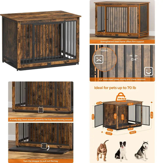 Dog Crate Furniture, 38 Inches Dog Kennel for Dogs up to 70 lb, with Removable Tray, Heavy-Duty Dog Cage End Table, Double Door