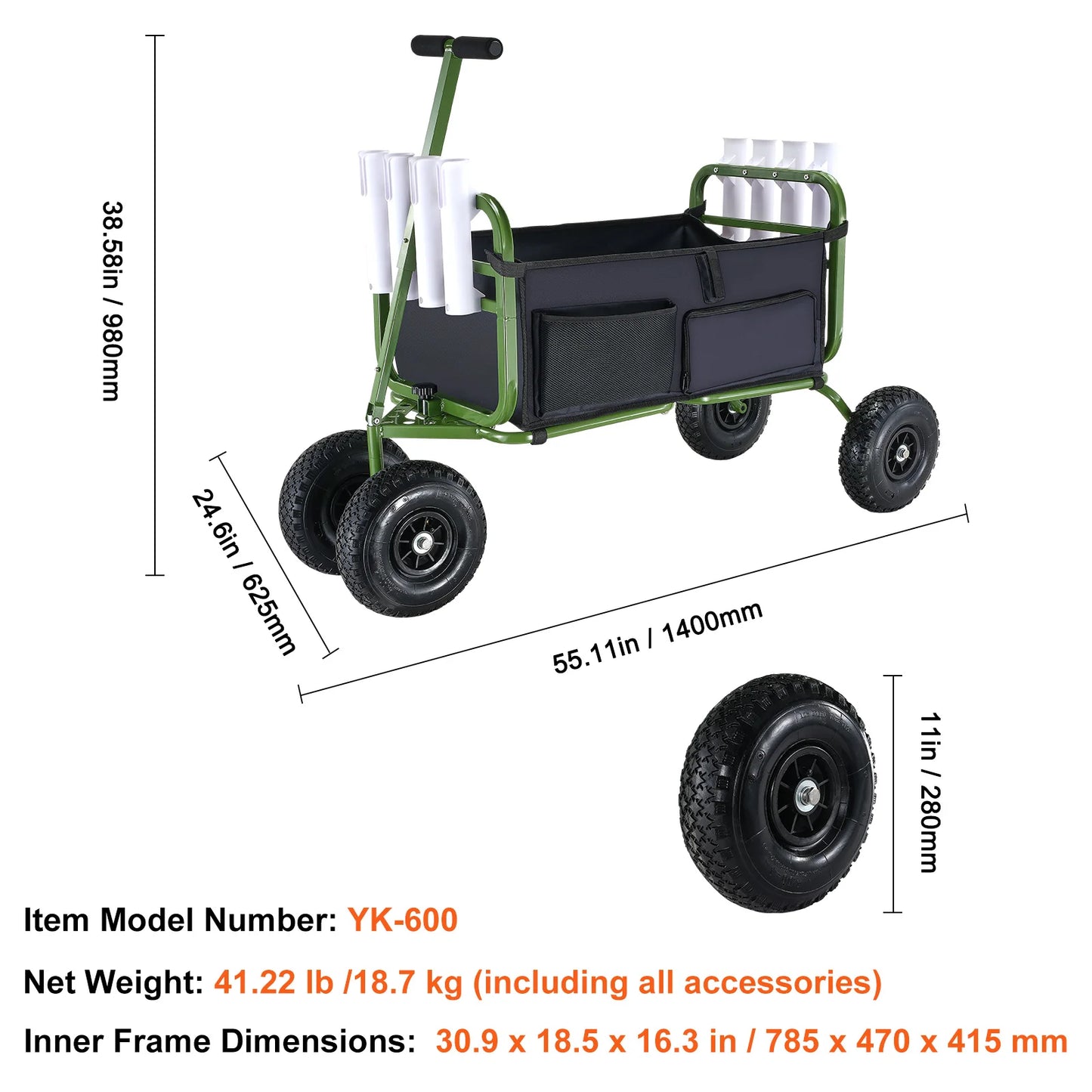 300lbs Beach Fishing Cart Fish Marine Foldable Cart with 4 11" Wheels 8 Rod Holders Pier Wagon Trolley for Sand Picnic