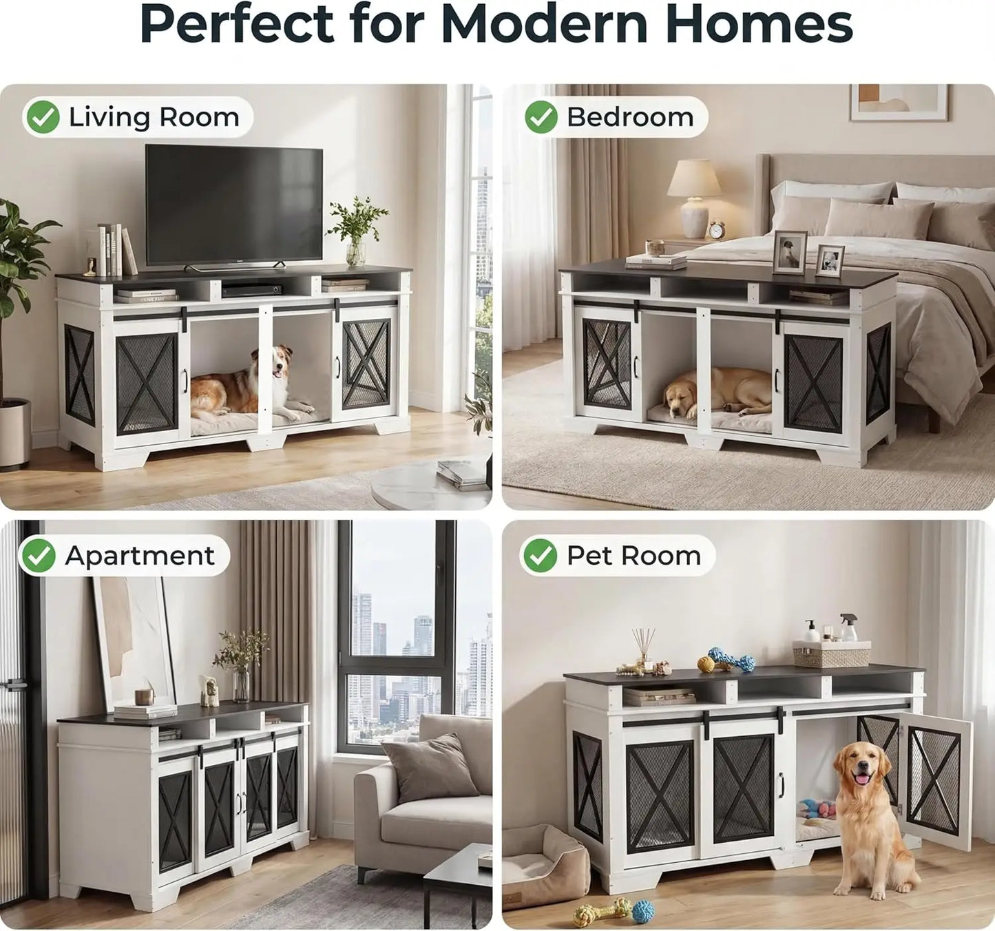 71" Double Dog Crate Furniture with Sliding Doors, Wood & Metal Dog Cage with Divider, Large Dog Kennel, Indoor Crate TV Stand
