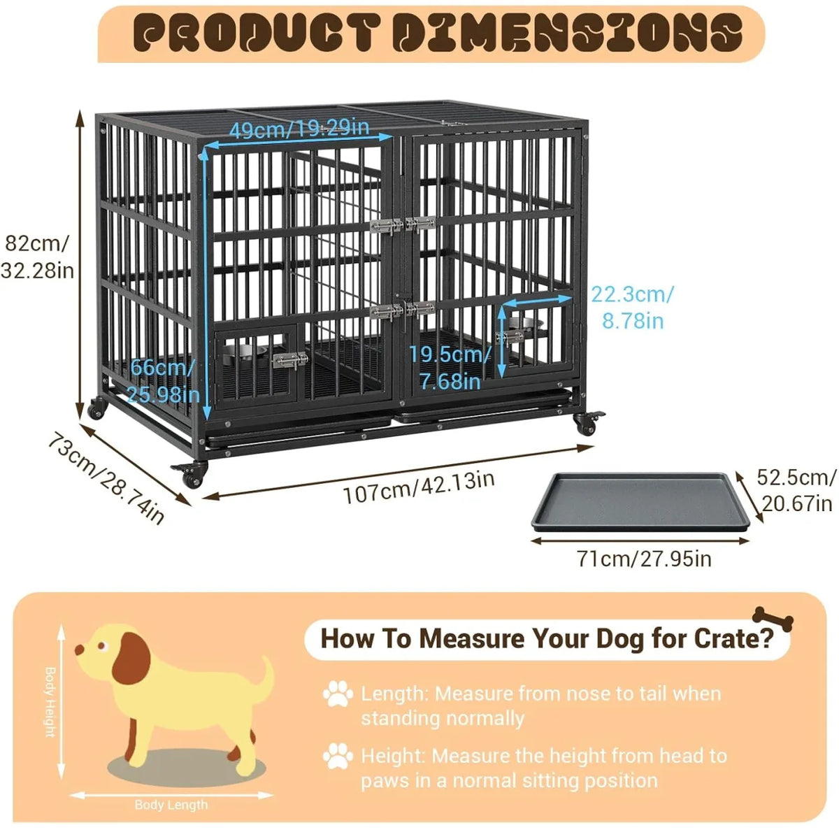 42 Inch Heavy-Duty Dog Crate Metal Dog Cage with Double Door Lockable Wheels Removable Divider Trays Feeding Doors for Small, Medium, Large Dogs Indoor