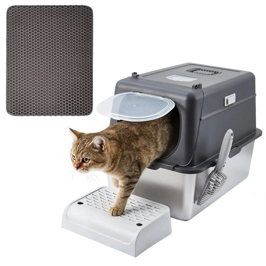 Stainless Steel Covered Cat Litter Box with Lid, Large Enclosed Metal Litter Box with Top Entry & Front Entry